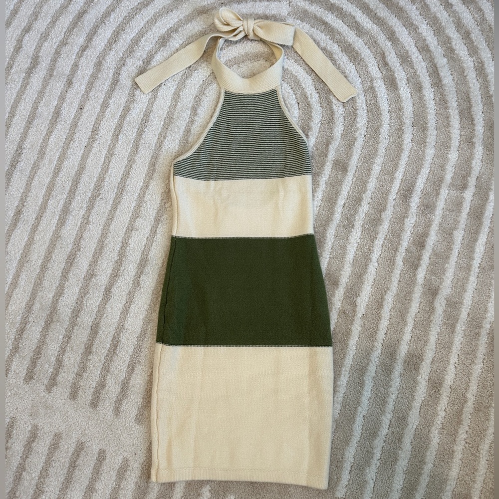 Indikah by Angel Biba body-con halter dress. Green and cream striped.